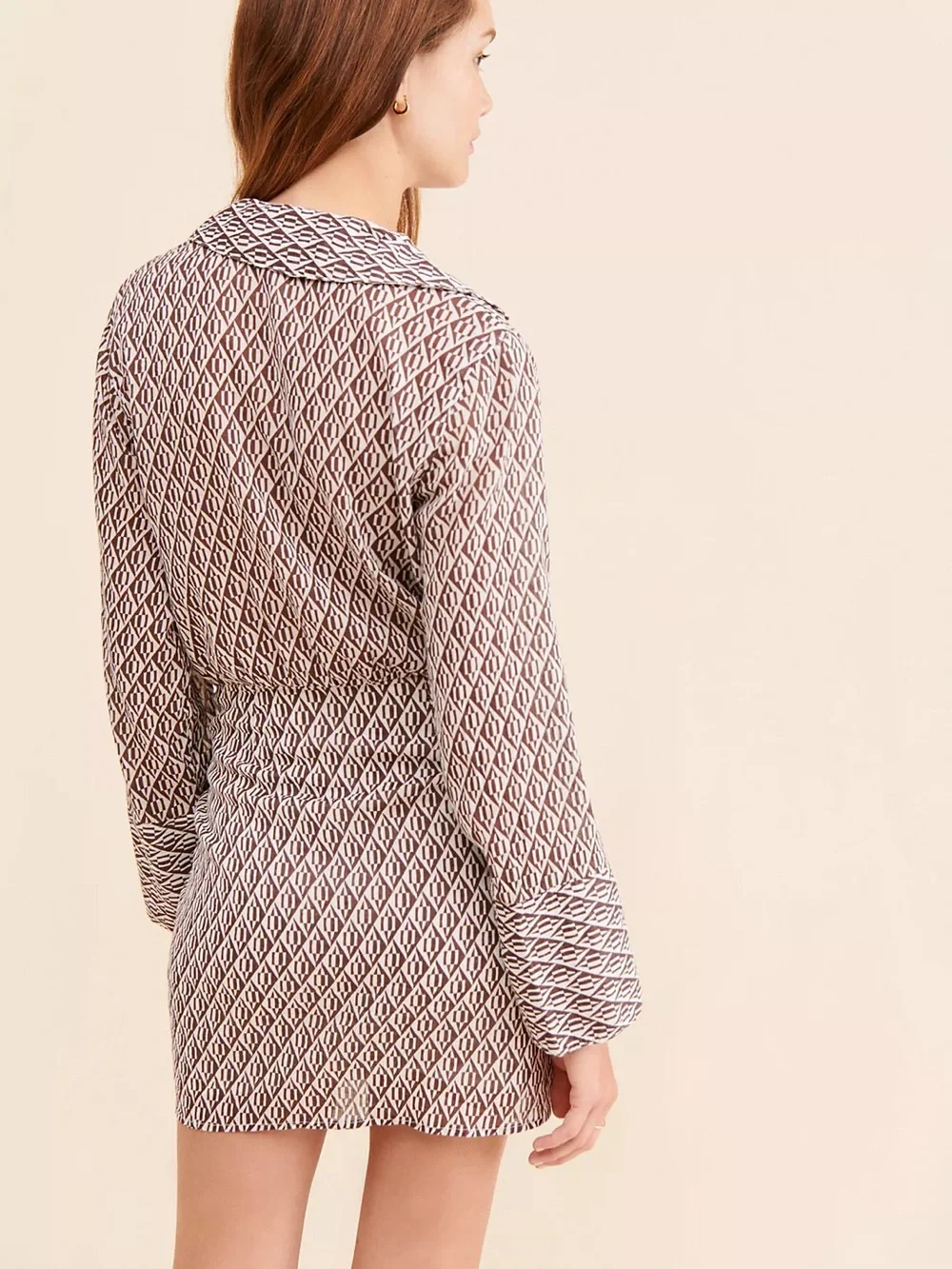 Free People Rillo Mini Tie-Waist Shirtdress Brown & Cream Geometric Print Size S